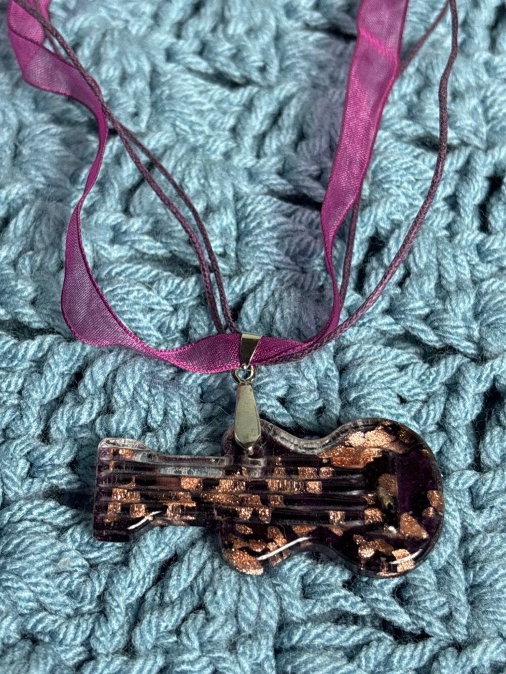 Art Glass Guitar Pendant Necklace Purple Gold Glitter Ribbon Cord 16 - 18 inches